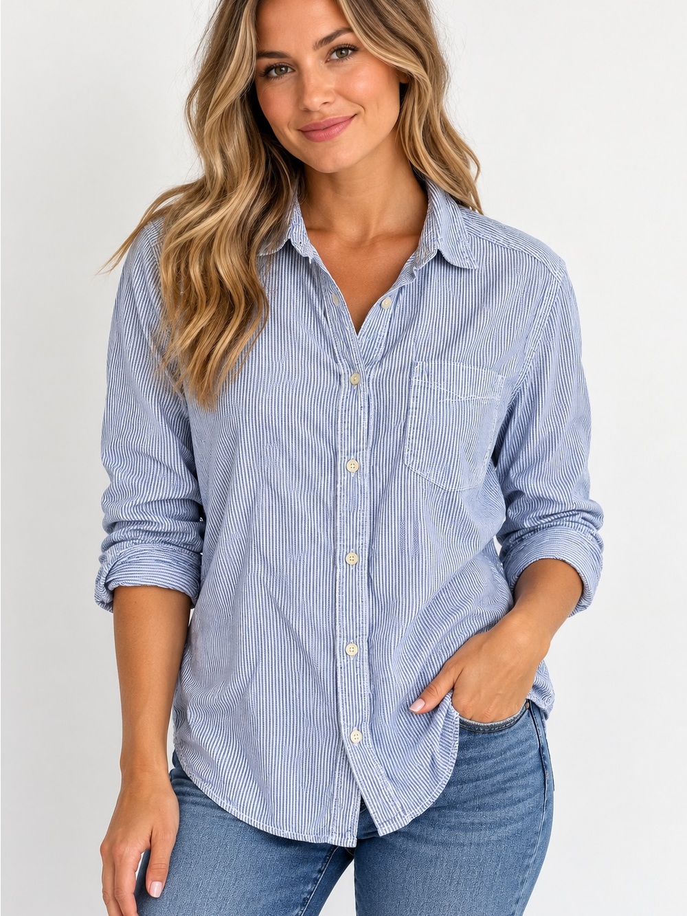 H&M L.O.G.G. Blue White Pinstripe Button Down Shirt Women’s Medium 100% Cotton